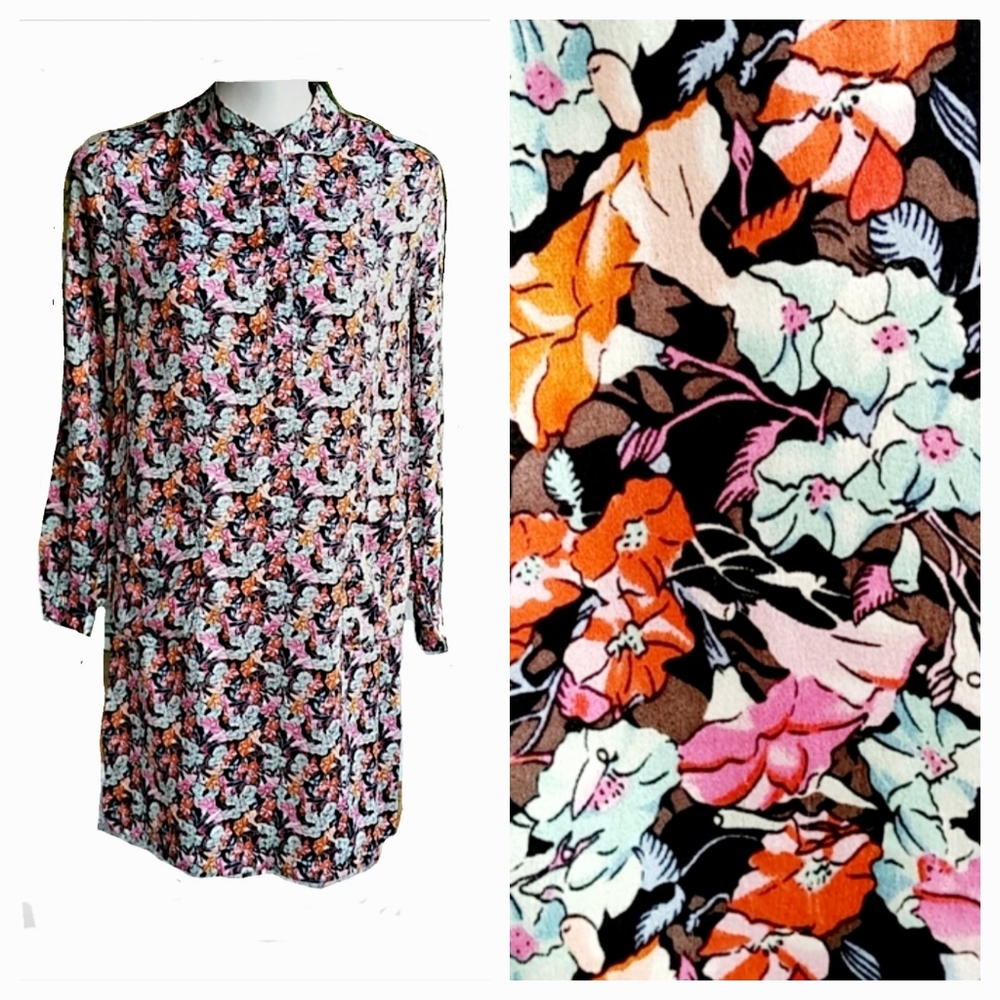 Tucker Floral 100% Silk Chemise Button Up Tunic Dress Size Small